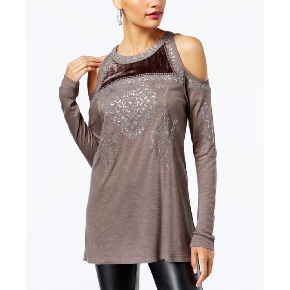 INC International Concepts Petite Velvet Trim Cold Shoulder Top